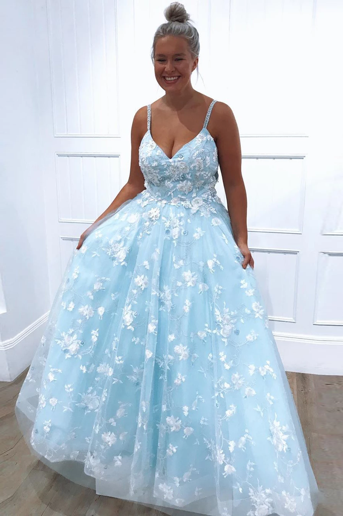 Spaghetti Straps Sky Blue Floral Appliques A Line Long Prom Dress Evening Dress OKR61