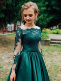 A Line Long Sleeves Dark Green Satin Appliqued Prom Dress Evening Dress OKR46