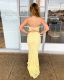 Two Piece Spaghetti Straps Yellow Lace Long Mermaid Prom Dress OKR58