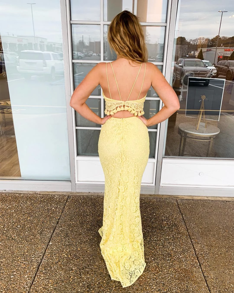 2 Pieces Spaghetti Straps Yellow Lace Long Mermaid Prom Dress OKR58
