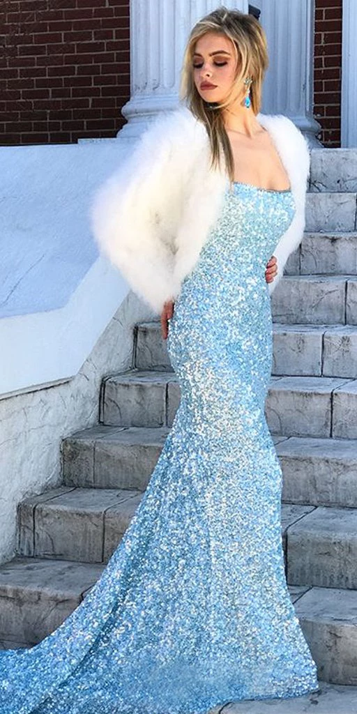 Mermaid Sky Blue Sequins Long Prom Dress OKR57