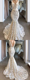 Trumpet/Mermaid V neck Ivory Lace Long Prom Dress Evening Dress OKR50