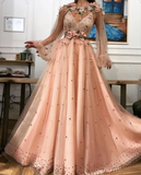 A line Long Sleeves Prom Dress 3D Flowers Prom Dress Formal Evening Dress OKR44