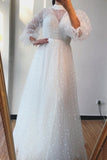 A-line High Neck Long Sleeves White Long Prom Dress Formal Gowns OKS75