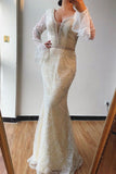 Trumpet/Mermaid V neck Lace Beaded Long Sleeves Prom Dress Formal Elegant Evening Gowns OKS74