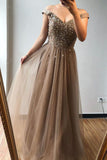 A-line Off-the-shoulder Beaded Long Prom Dress Brown Evening Gowns OKS72