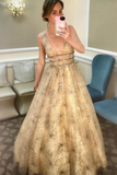 Charming A-line V neck Sparkly Tulle Evening Dress Long Sequins Prom Dress OKS17