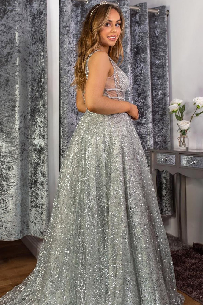 Stunning A-line V neck Sparkly Tulle Evening Dress Silver Prom Dress OKS16