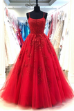 Red Spaghetti Straps Tulle Lace Appliques Modest Evening Dress Long Prom Dress OKR99