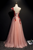 A Line Pink One Shoulder Tulle Red Applique Long Prom Dress Evening Dress OKR97