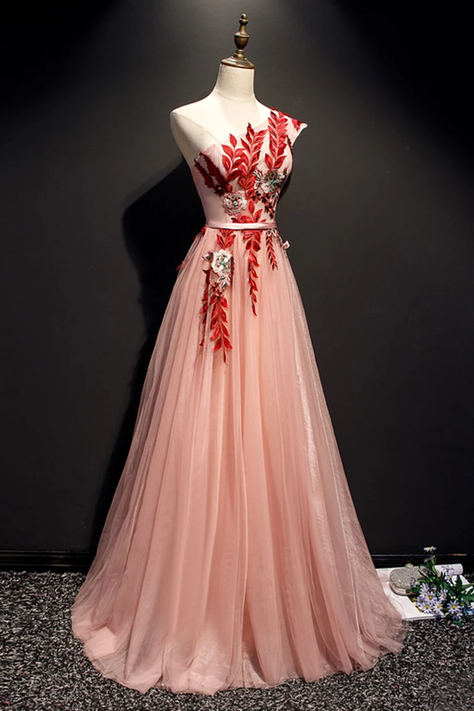A Line Pink One Shoulder Tulle Red Applique Long Prom Dress Evening Dress OKR97