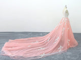 A-line V-neck Pink Tulle Lace Appliques Cathedral Train Formal Prom Dress OKS2