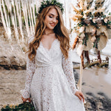 A Line Lace Long Sleeves Wedding Dress Long Pregnant Women Evening Gown OKV30