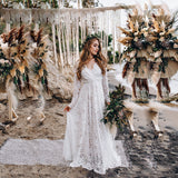 A Line Lace Long Sleeves Wedding Dress Long Pregnant Beach Maxi Gowns OKV30