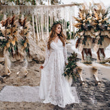 A-line Lace Long Sleeves Wedding Dress Long Pregnant Women Maxi Gown OKV30