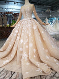 Princess Long Sleeves Ball Gown Wedding Dress, Floral Appliques Wedding Gown OKJ95