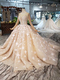 Princess Long Sleeves Ball Gown Wedding Dress, Floral Appliques Wedding Gown OKJ95