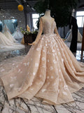 Princess Long Sleeves Ball Gown Wedding Dress, Floral Appliques Wedding Gown OKJ95