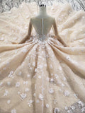 Princess Long Sleeves Ball Gown Wedding Dress, Floral Appliques Wedding Gown OKJ95