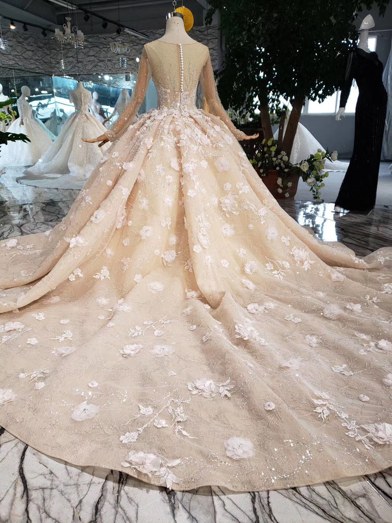 Princess Long Sleeves Ball Gown Wedding Dress, Floral Appliques Wedding Gown OKJ95