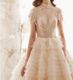 Princess High Neck Ball Gown Wedding Dress, Short Sleeves Bridal Dress OKK1