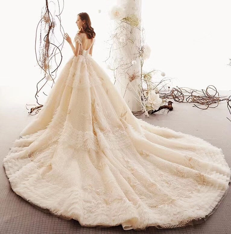 Princess High Neck Ball Gown Wedding Dress, Short Sleeves Bridal Dress OKK1