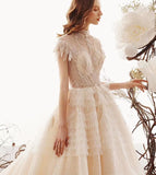 Princess High Neck Ball Gown Wedding Dress, Short Sleeves Bridal Dress OKK1