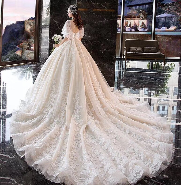 Charming Half Sleeves Ball Gown Wedding Dress, Appliques V Neck Bridal Dress OKK2