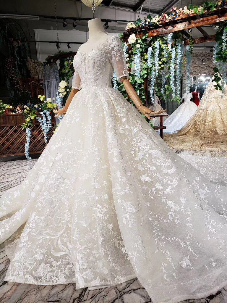 Lace Half Sleeves Ball Gown Wedding Dress, Fashion Beading Big Wedding Gown OKK3