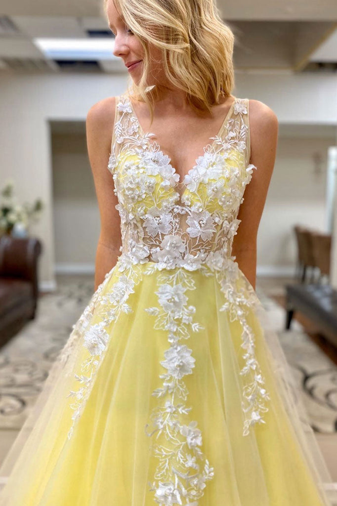 Beauty Yellow Long A-line Prom Dress For Teens Elegant Princess Dress OK191
