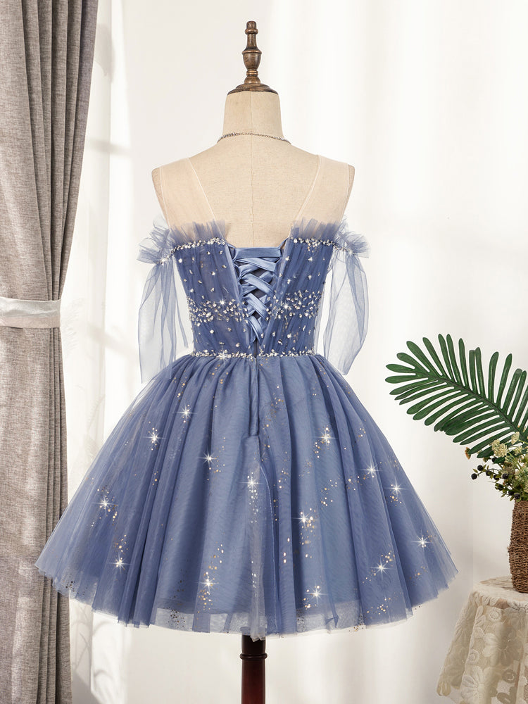 Flowy Cute A-line Blue Homecoming Dress Short Beading Prom Dress OK918