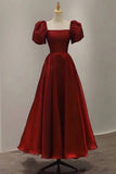 Vintage Burgundy A Line Ankle Length Satin Long Prom Dress Women Dress OK1361