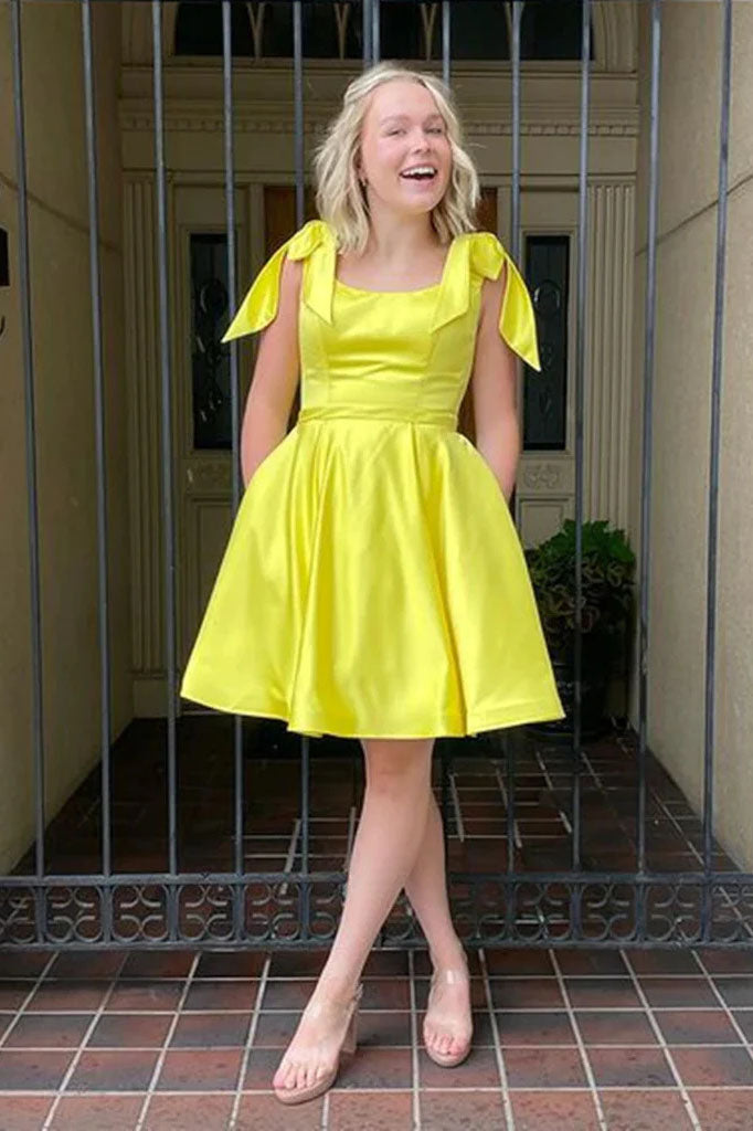 A Line Yellow Satin Short Prom Dresses with Pocket, Short Yellow Homecoming Dresses OK1708