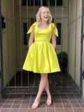 A Line Yellow Satin Short Prom Dresses with Pocket, Short Yellow Homecoming Dresses OK1708