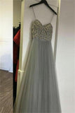 Elegant Long Spaghetti Straps Beading Tulle Gray Prom Dress Evening Dresses OKF3