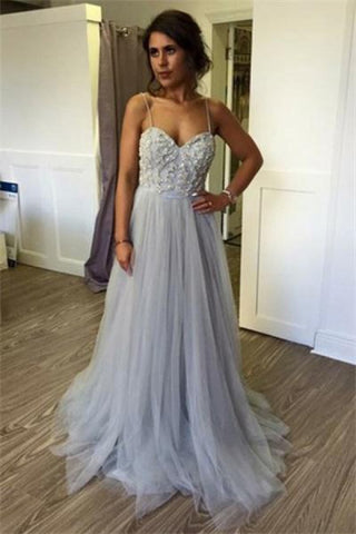 Elegant Long Spaghetti Straps Beading Tulle Gray Prom Dress Evening Dresses OKF3