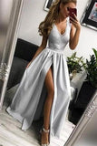 Cheap Silver Long V-neck Lace Satin Prom Dress For Teens Split Party Dresses OKI57