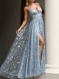 A Line Glittering Sexy Engagement Prom Dress V Neck Sleeveless Sequin Split Evening Dress OK1047