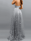 A Line Glittering Sexy Engagement Prom Dress V Neck Sleeveless Sequin Split Evening Dress OK1047