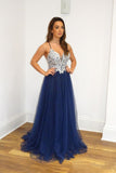 A-line Navy Blue Tulle Prom Dress Spaghetti Straps Long Prom Gowns OKS10