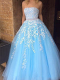 Cheap A-line  Sky Blue Lace Appliqued Tulle Long Strapless Prom Dress OKI24