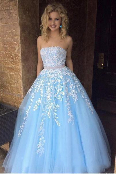 Cheap A-line  Sky Blue Lace Appliqued Tulle Long Strapless Prom Dress OKI24