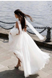 A-line Tulle Deep V Neck Summer Bridal Dresses with Ribbons Beach Wedding Dress OK1705