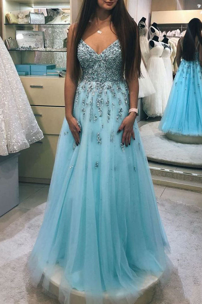 A-line V-neck Beaded Prom Dress Lace Blue Prom Gowns OKO95