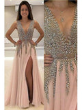 A-line V-neck Tulle Sexy Shinny Rhinestone Long Prom Dresses With Slit OKA89