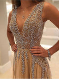 A-line V-neck Tulle Sexy Shinny Rhinestone Long Prom Dresses With Slit OKA89