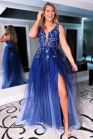 A Line V neck Navy Blue Prom Dress Sparkly Long Formal Evening Gown OK1148