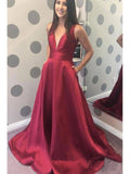 Simple A-line V-neck Satin Long Cheap Red Prom Dress with Pocket OKN85