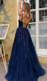 Navy Blue Lace Appliques Prom Dress Long V Neck Spaghetti Straps A-line Tulle Evening Gowns OKZ89