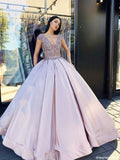 Charming Ball Gown V Neck Lavender Long Prom Dress with Beading OKF62